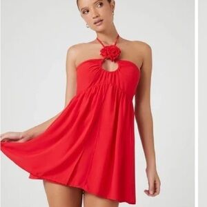 NWT Forever 21 Chiffon Rosette Halter Mini Dress in Red